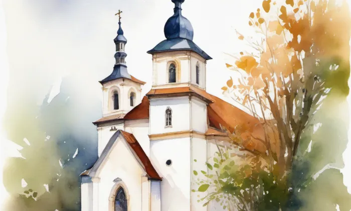 evangelický kostel (Újezd u Brna) – akvarel
