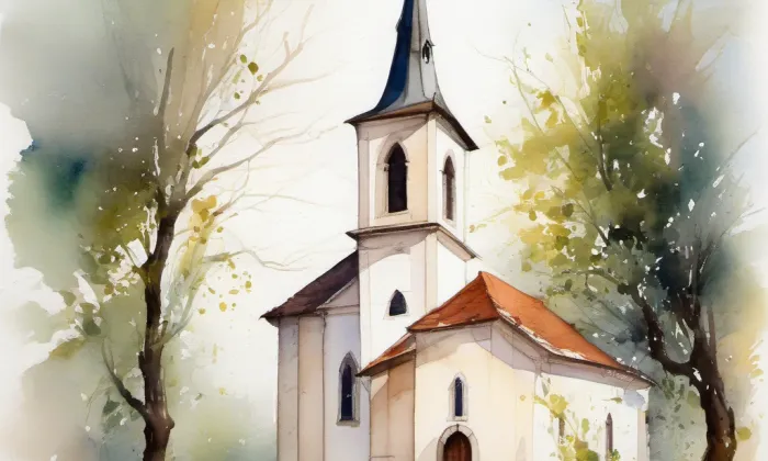 evangelický kostel v Bošíně – akvarel