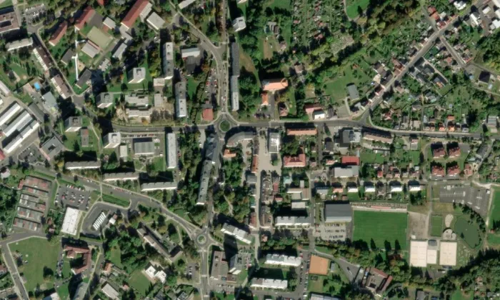 evangelický kostel v Chodově – letecký pohled