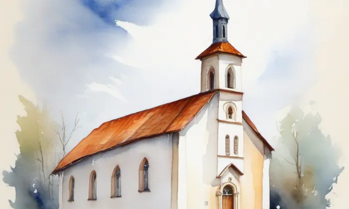 evangelický kostel v Horních Dubenkách – akvarel