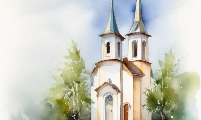 evangelický kostel v Hrobu – akvarel