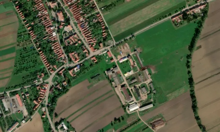 evangelický kostel v Hrubé Vrbce – letecký pohled