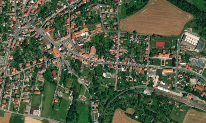 evangelický kostel v Mšeně – letecký pohled