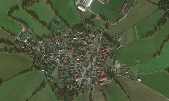evangelický kostel v Opatově – letecký pohled