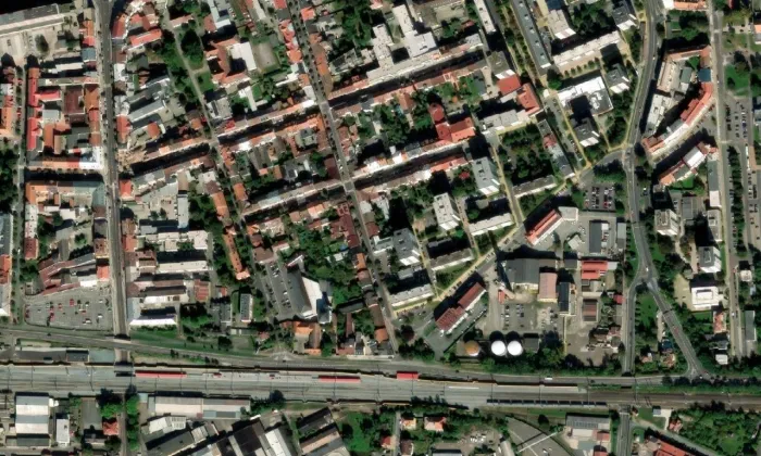 evangelický kostel v Pardubicích – letecký pohled