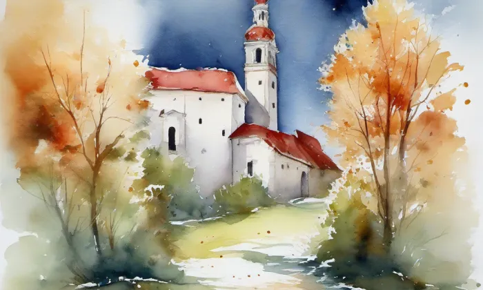 evangelický kostel v Prosetíně – akvarel