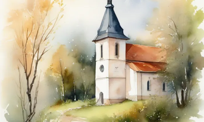 evangelický kostel v Rožnově pod Radhoštěm – akvarel