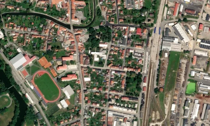 evangelický kostel v Soběslavi – letecký pohled