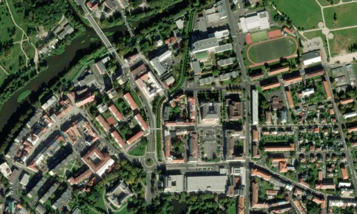 evangelický kostel v Sokolově – letecký pohled
