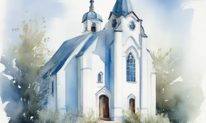 evangelický kostel ve Strmilově – akvarel