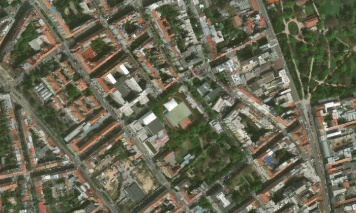 Husův sbor v Brně-Veveří – letecký pohled
