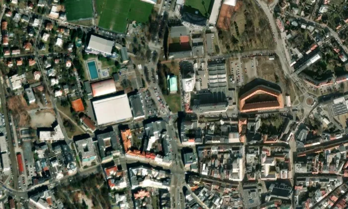 Husův sbor v Olomouci – letecký pohled