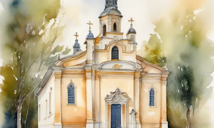 Kostel Dobrého pastýře – akvarel