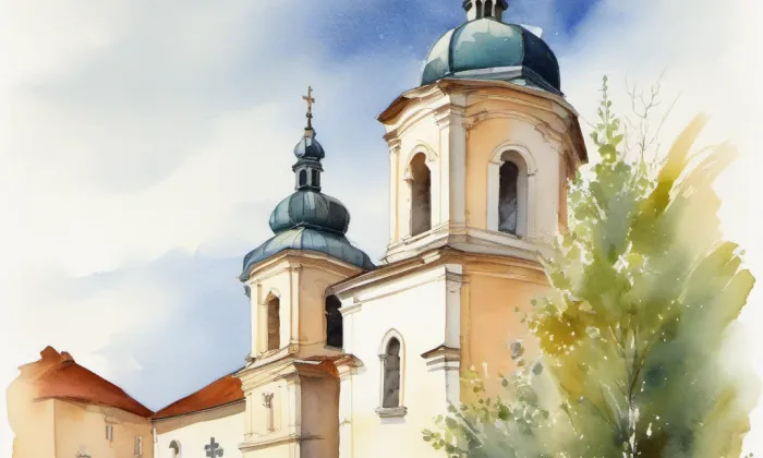 kostel Nalezení svatého Kříže (Chvalatice) – akvarel