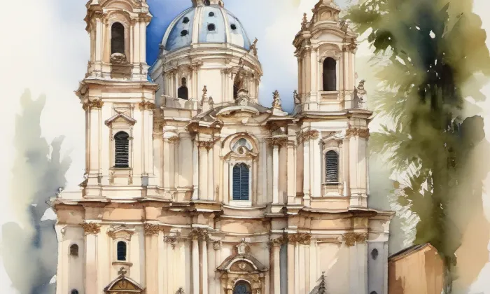 Kostel Narození Panny Marie (Praha 4) – akvarel