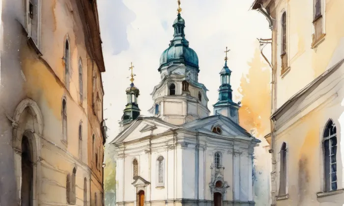 Kostel Nejsvětější Trojice (Český Dub II) – akvarel