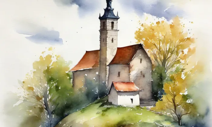 Kostel Nejsvětější Trojice (Suchá) – akvarel