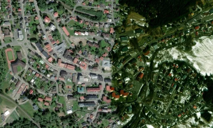 Kostel Panny Marie Pomocné (Železná Ruda) – letecký pohled