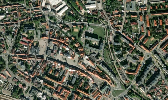 kostel Panny Marie Sněžné v Rokycanech – letecký pohled