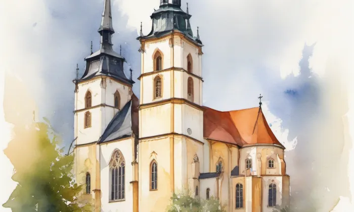 Kostel Panny Marie v Telči – akvarel