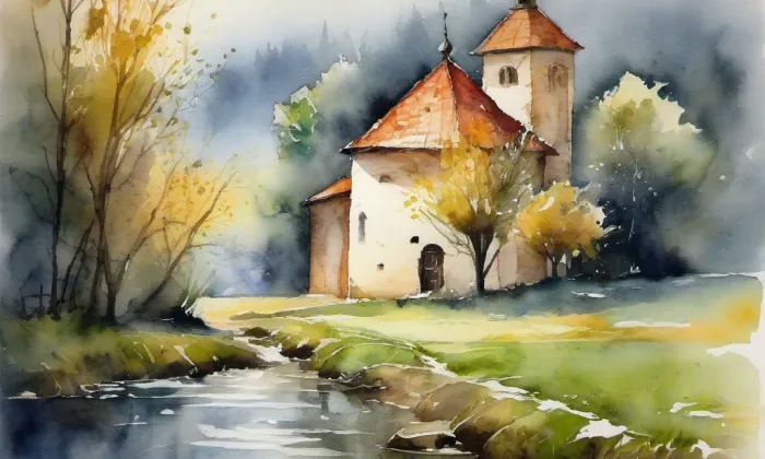 Kostel svaté Anny (Skřivany) – akvarel