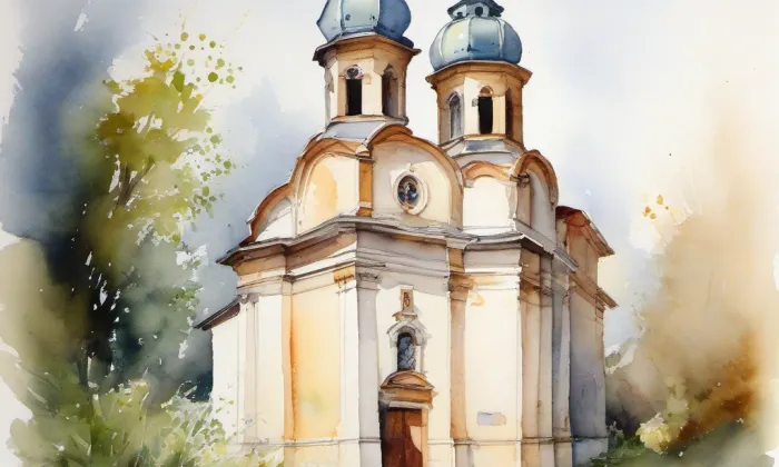 Kostel svaté Máří Magdaleny v Zubrnicích – akvarel