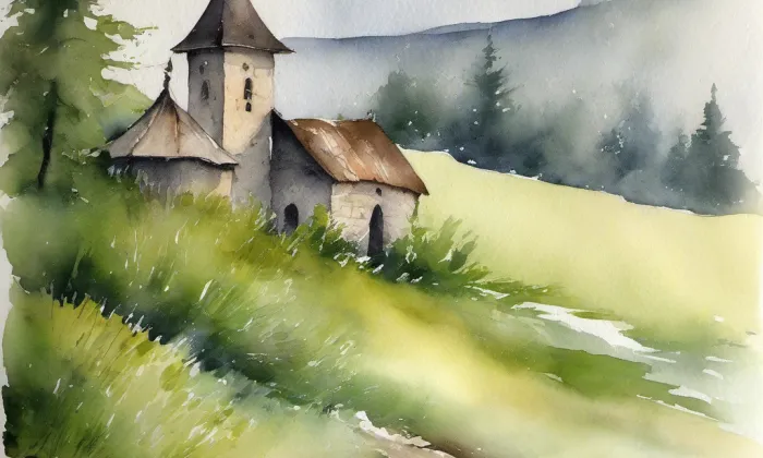 kostel svatého Mikuláše (Dlouhá Ves) – akvarel