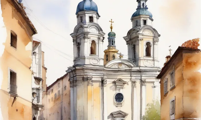 Kostel svatého Mikuláše na Malé Straně – akvarel