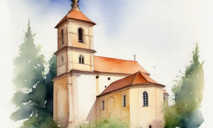 kostel svatého Vavřince (Červená Lhota) – akvarel