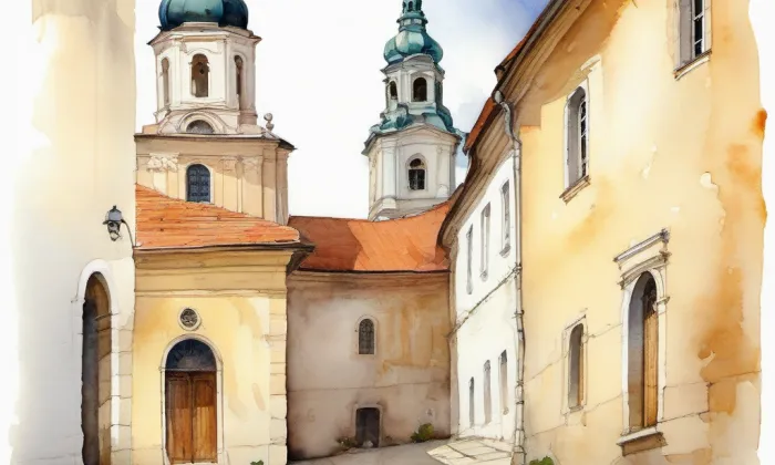 piaristický klášter s kostelem sv. Jana Křtitele v Mikulově – akvarel