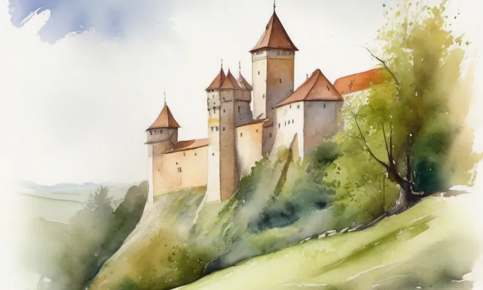 Tvrz a zámek Čejkovice – akvarel