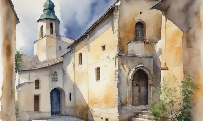 evangelický kostel v Krnově – akvarel