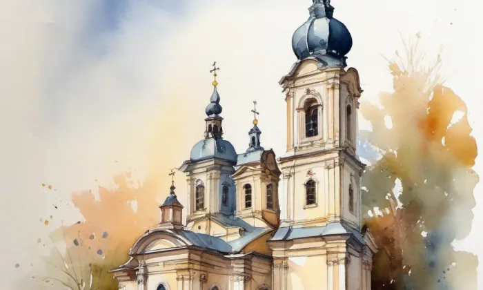 kostel svaté Barbory (Pacov) – akvarel