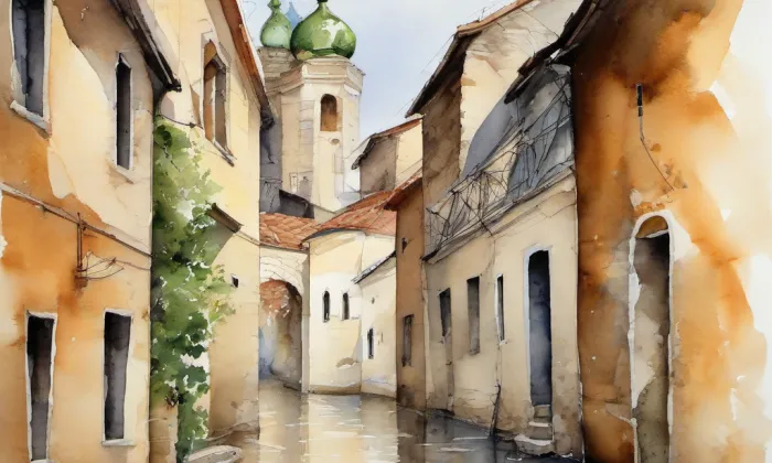 kostel svatého Petra a Pavla (Hlušovice) – akvarel